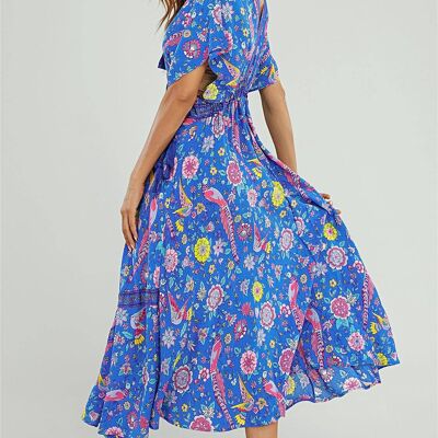 Vestido midi bohemio con escote en V profundo con estampado floral de pájaro azul y rosa