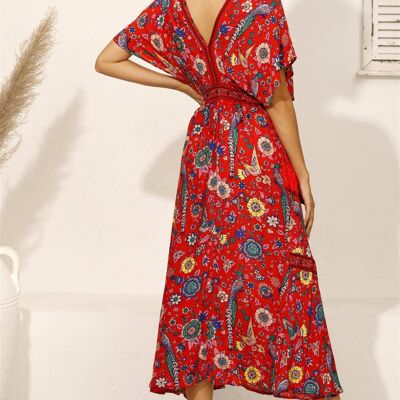 Bohemian Midi Dress With Deep V Neckline In Red & Green Bird Floral Print