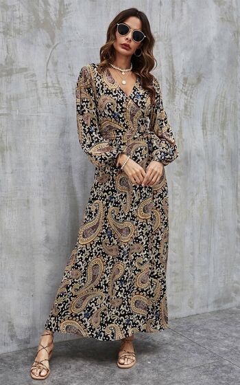 Boho Gold Paisley Robe portefeuille à fleurs en noir 3