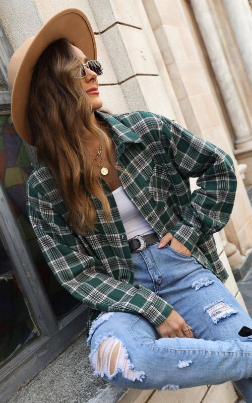 Brushed Check Oversized Pocket Detail Shirt Jacket In Green