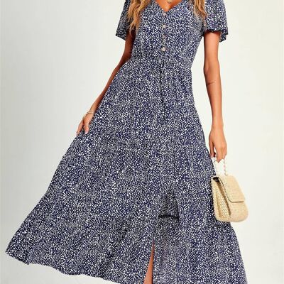 Button Down Maxi Dress In Navy Leopard Print