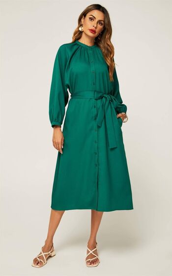 Robe chemise mi-longue boutonnée avec taille nouée en vert 1