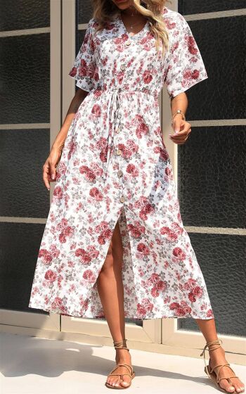 Robe longue boutonnée à col en V et imprimé floral blanc 1