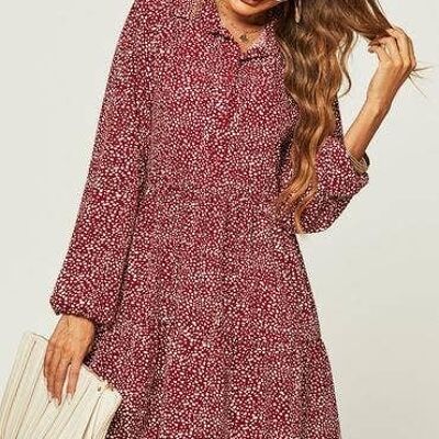 Button Front Long Sleeved Tiered Dress In Dark Red