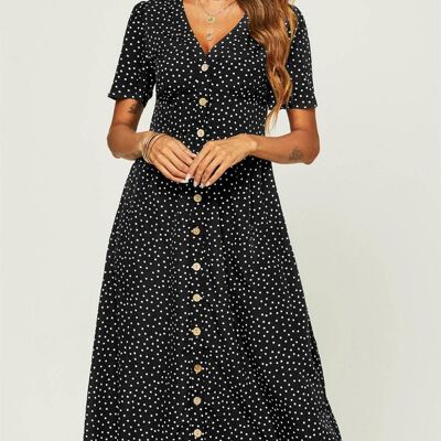 Robe mi-longue boutonnée à pois imprimés en noir