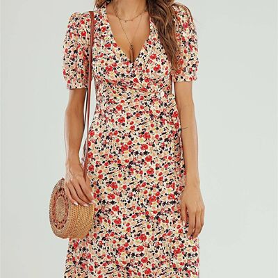 Button Wrap Midi Dress In Beige With Red Yellow Rose Print