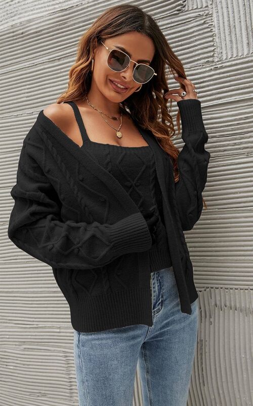 Cardigan & Crop Top 2 Piece Set In Black