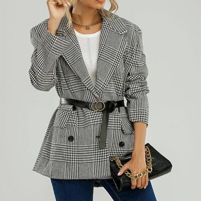 Check Double Breasted Blazer In Black & White