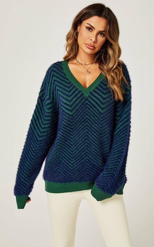 Chic Geometric Intarsia Knit Jumper Top In Navy & Green