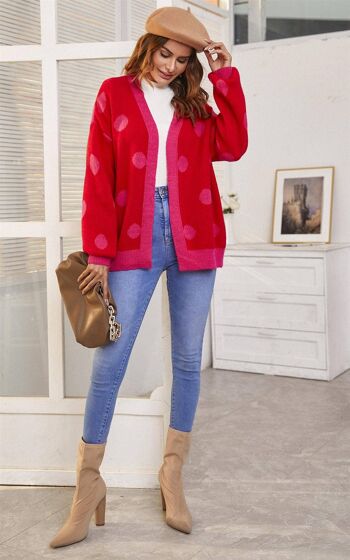 Haut cardigan chic à pois roses en rouge 4