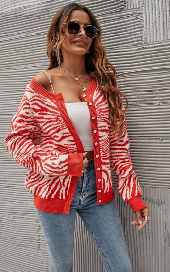 Haut de cardigan à motif animal blanc chic en rouge orange 2