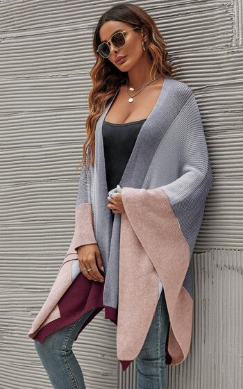 Cardigan long cape à blocs de couleurs en gris, vin et beige 2