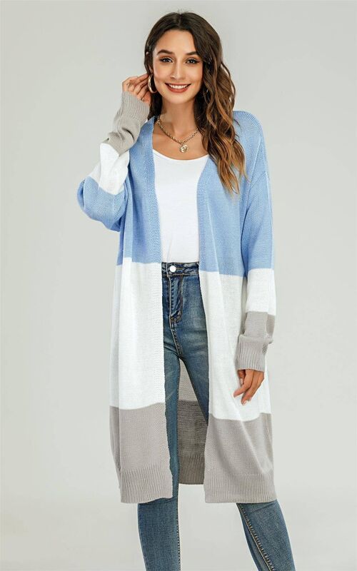 Colour Block Midi Cardigan In Blue & Grey & White