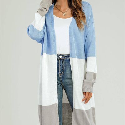 Cardigan mi-long color block bleu, gris et blanc