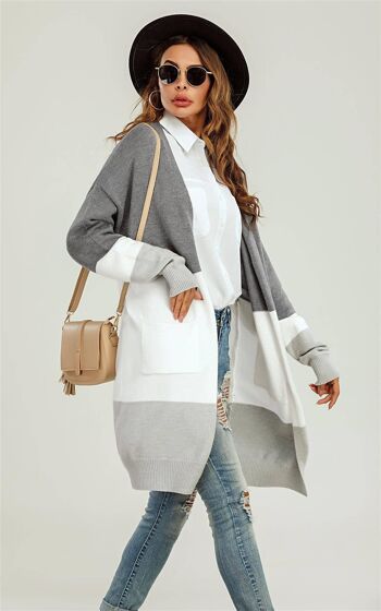 Cardigan mi-long color block gris et blanc 3