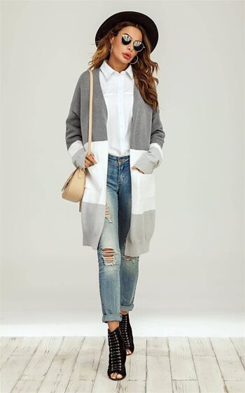 Cardigan mi-long color block gris et blanc 2