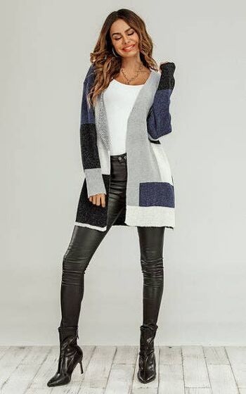 Cardigan mi-long color block bleu marine, gris et blanc 2