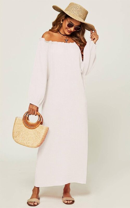 Comfy Cotton Bardot Frill Detail Maxi Dress In White