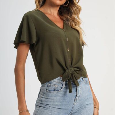 Cute Tie Knot Front Buttoned Crop T Shirt Top In Olive Green