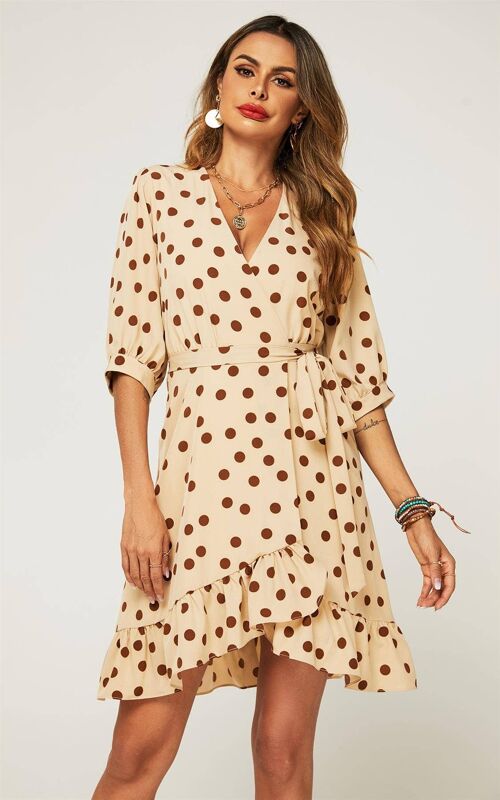 Dot Print Summer Mini Wrap Dress In Cream