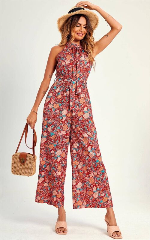 Flora Print High Neck Jumpsuit In Red