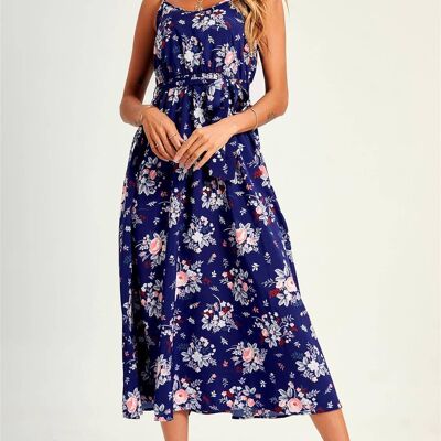 Flora Print Strap Midi Dress In Blue