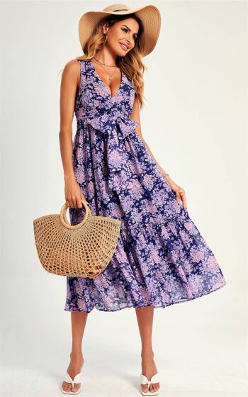 Robe mi-longue à col en V et imprimé floral bleu marine 4