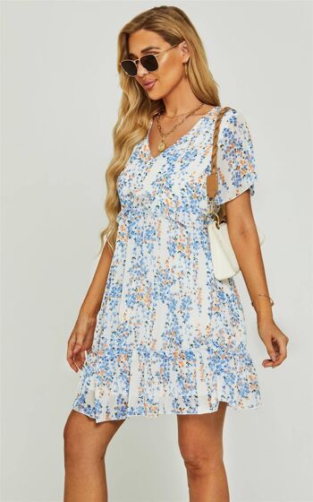 Flora Print V Neck Angel Sleeve Summer Mini Dress - Blanc 3