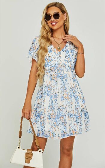 Flora Print V Neck Angel Sleeve Summer Mini Dress - Blanc 4