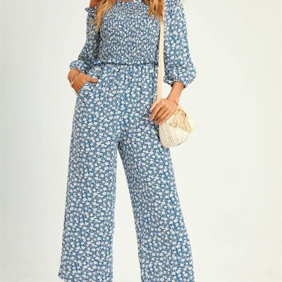 Floral Print Boho Bardot Jumpsuit In Blue