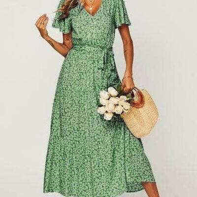 Vestido midi cruzado con bajo escalonado y estampado floral en verde