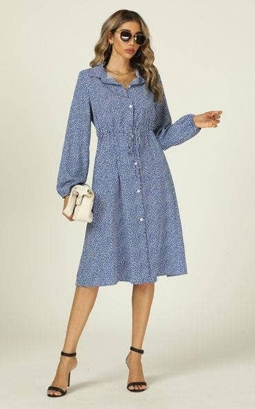 Floral Print MidiLittle Leaf Print Shirt Midi Dress With Tie Waist In Blue