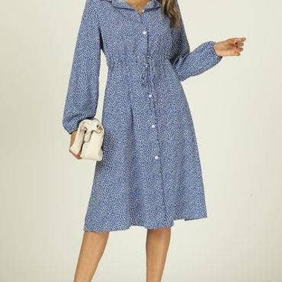 Floral Print MidiLittle Leaf Print Shirt Midi Dress With Tie Waist In Blue