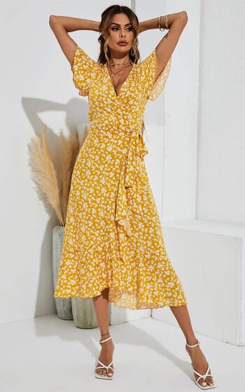 Robe mi-longue à imprimé floral et ourlet croisé en jaune 1