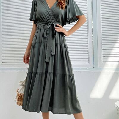 Flutter Sleeve Midi Wrap Dress In Khaki Green