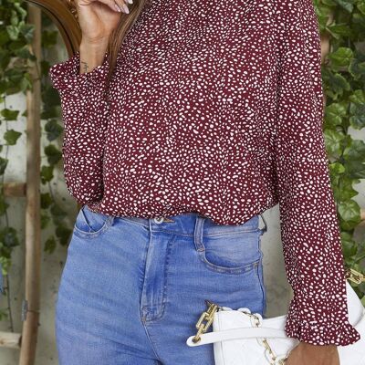 Frill Detail High Neck Top In Wine Red & White Animal Print