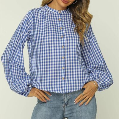 Gingham Print Band Collar Long Sleeve Top In Blue