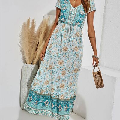 Golden Floral Printed Tiered Midi Dress In Turquoise Blue