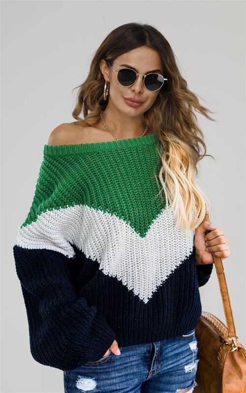 Green & Navy Colour Block Jumper With White Striped