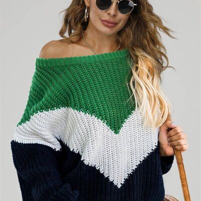 Green & Navy Colour Block Jumper With White Striped