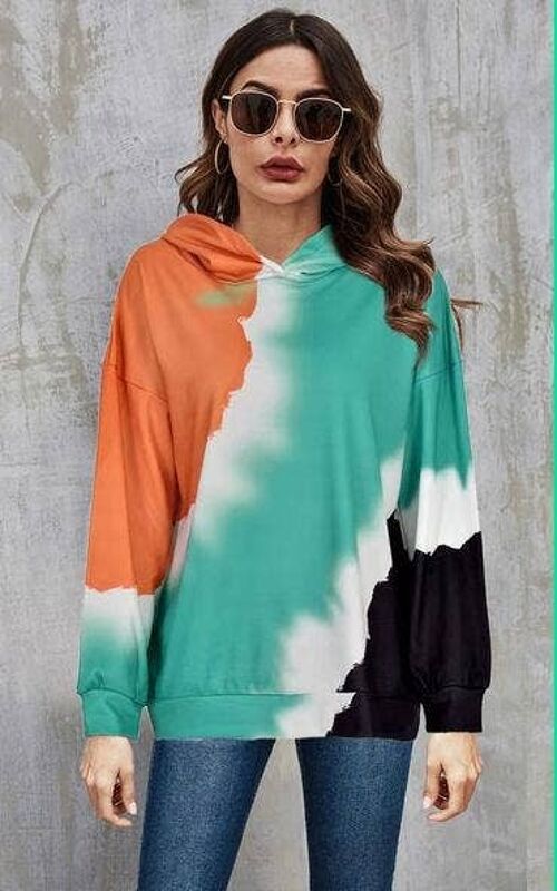 Green & White & Black & Orange Pastel Tie Dye Print Hoodie Top