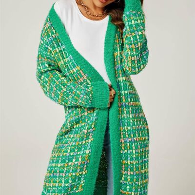 Green Boucle Check Cardigan In Rainbow Multicolour Speckles