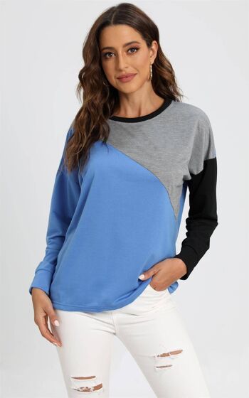 Top oversize gris noir à blocs de couleur en bleu 1