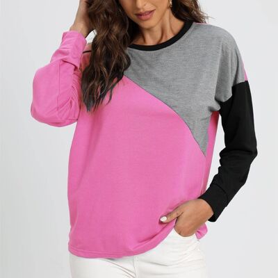 Gray Black Color Block Oversized Top In Fuchsia Pink
