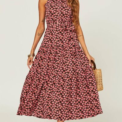 Halter Neck Maxi Layer Dress In Pink Floral Print