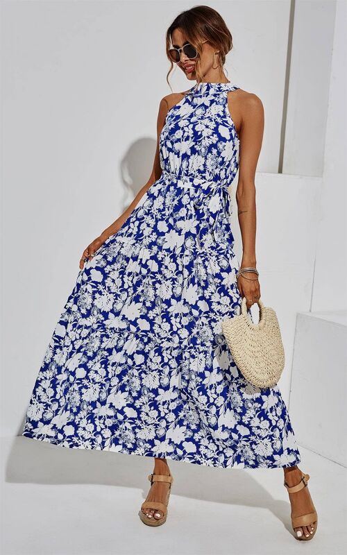 Halter Neck Midi Layer Dress In Blue & White Flora Print