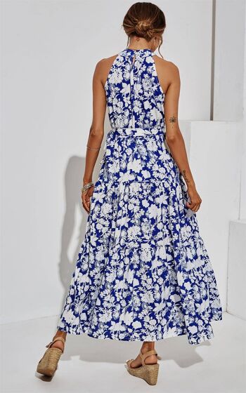 Robe midi superposée à encolure licou à imprimé floral bleu et blanc 4