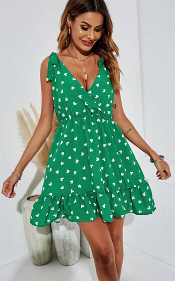 Mini robe Bardot à bretelles et imprimé cœurs en vert 1