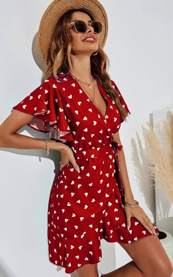 Mini robe portefeuille d'été à imprimé cœur rouge 2