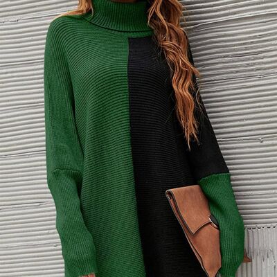 High Neck Half Forest Green & Black Block Color Jumper Top